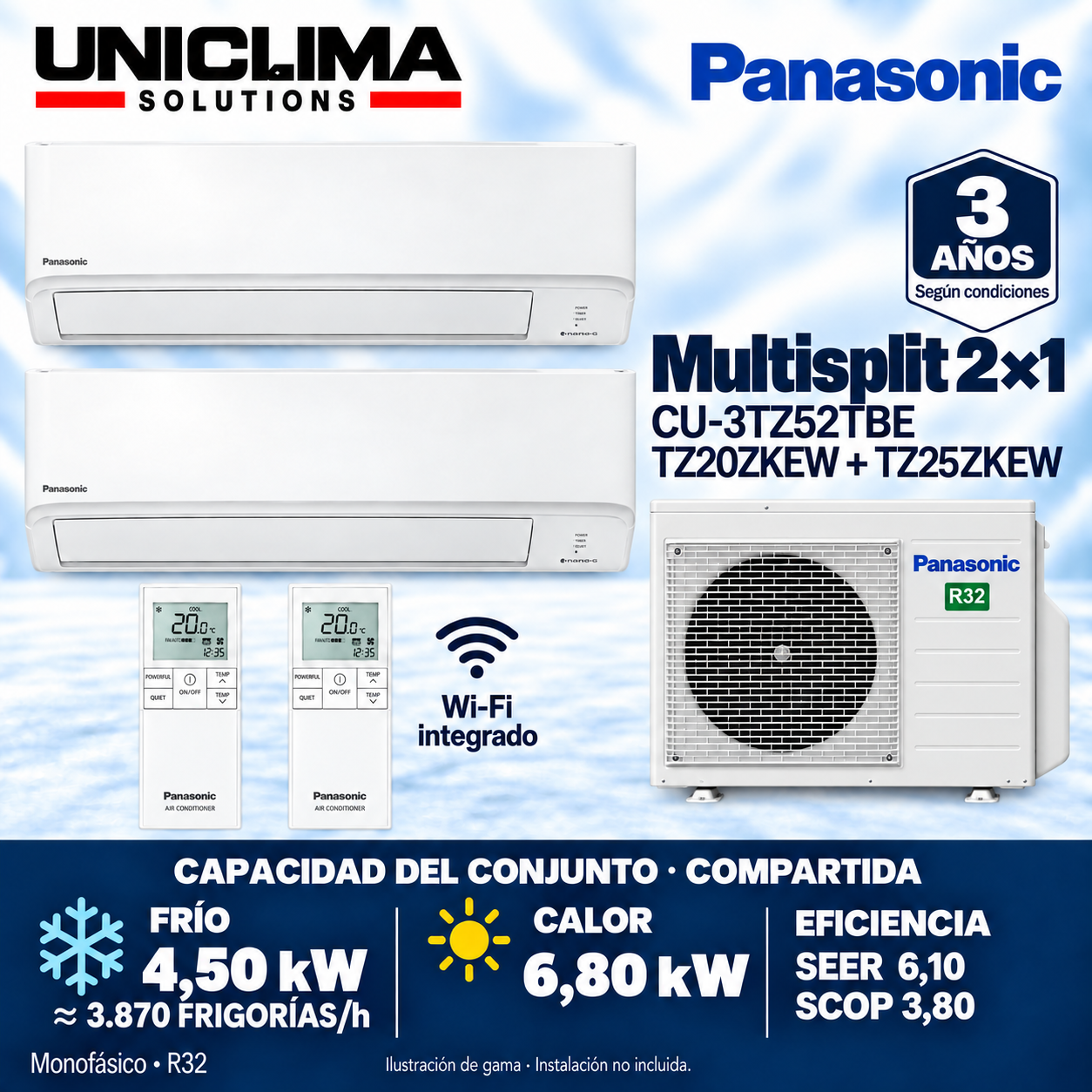 Panasonic CU-3TZ52TBE + CS-TZ20ZKEW + CS-TZ25ZKEW, 3.870 KÜHLEN/h — Uniclima