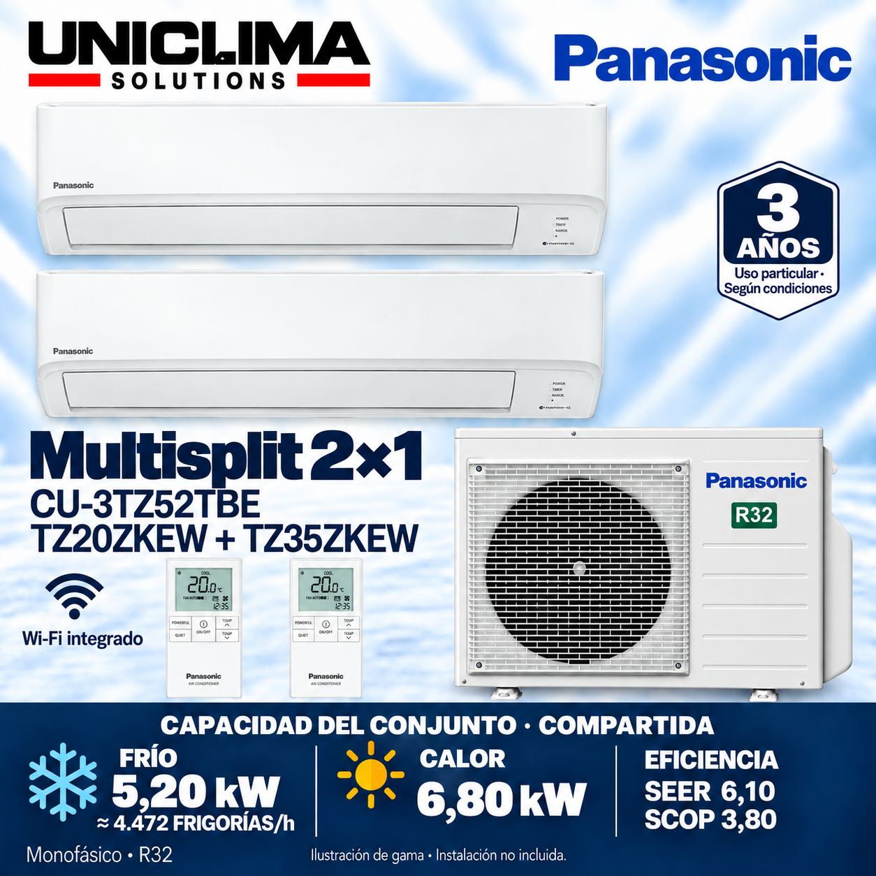 Conjunto Panasonic CU-3TZ52TBE + CS-TZ20ZKEW + CS-TZ35ZKEW, 4.472 FRIGORIE/h — Uniclima