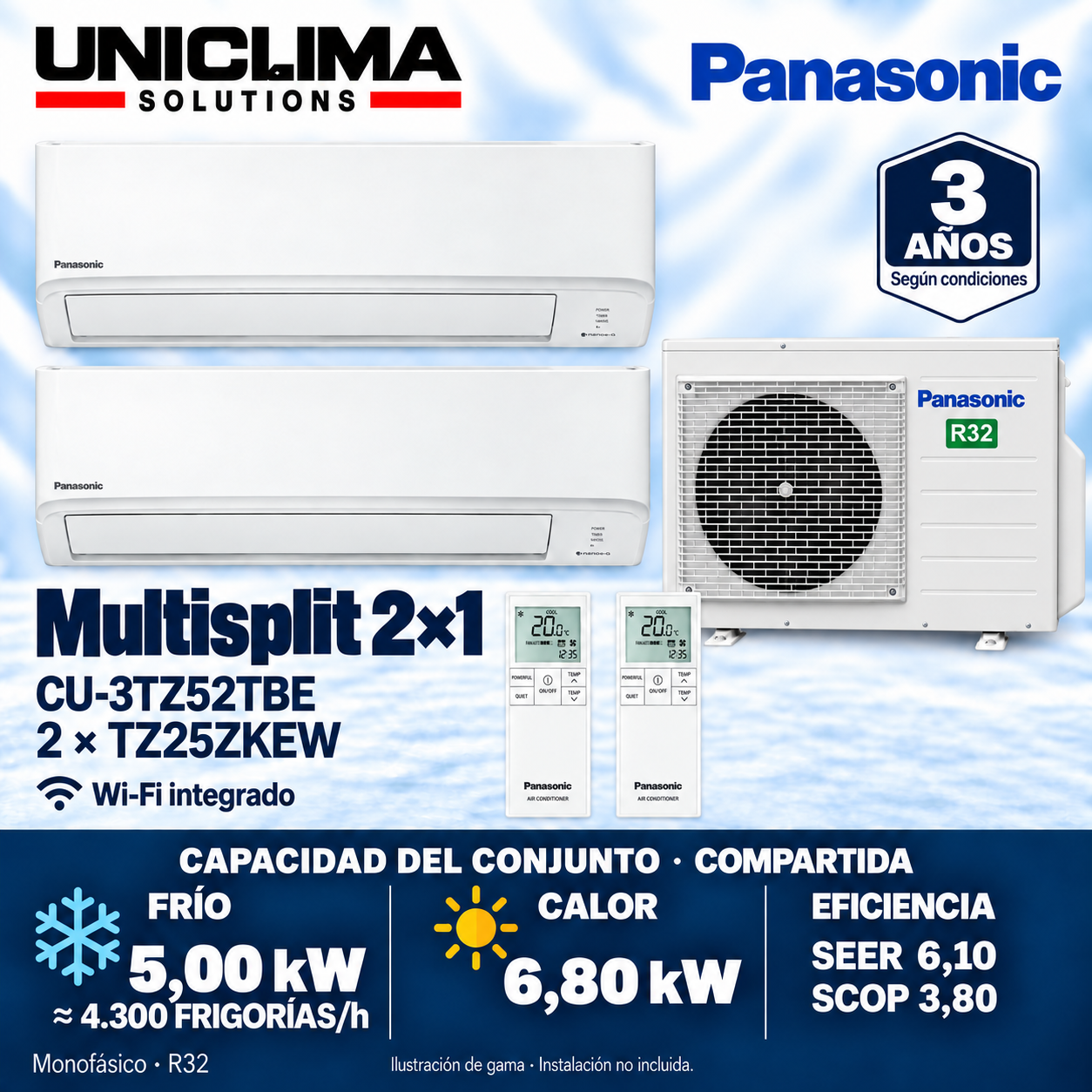 Panasonic CU-3TZ52TBE + 2 × CS-TZ25ZKEW, 4.300 KÜHLEN/h — Uniclima