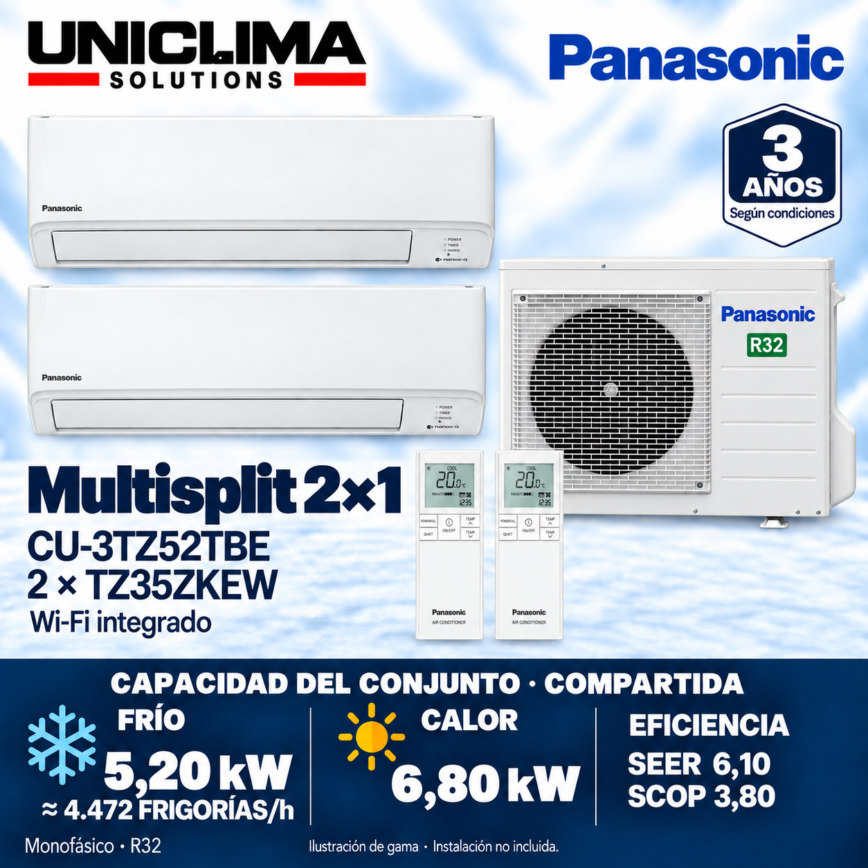 Conjunto Panasonic CU-3TZ52TBE + 2 × CS-TZ35ZKEW, 4.472 FRIGORÍAS/h — Uniclima