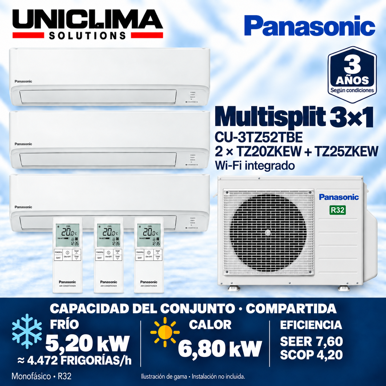 Panasonic CU-3TZ52TBE + 2 × CS-TZ20ZKEW + CS-TZ25ZKEW set, 4,472 FRIGORÍAS/h — Uniclima