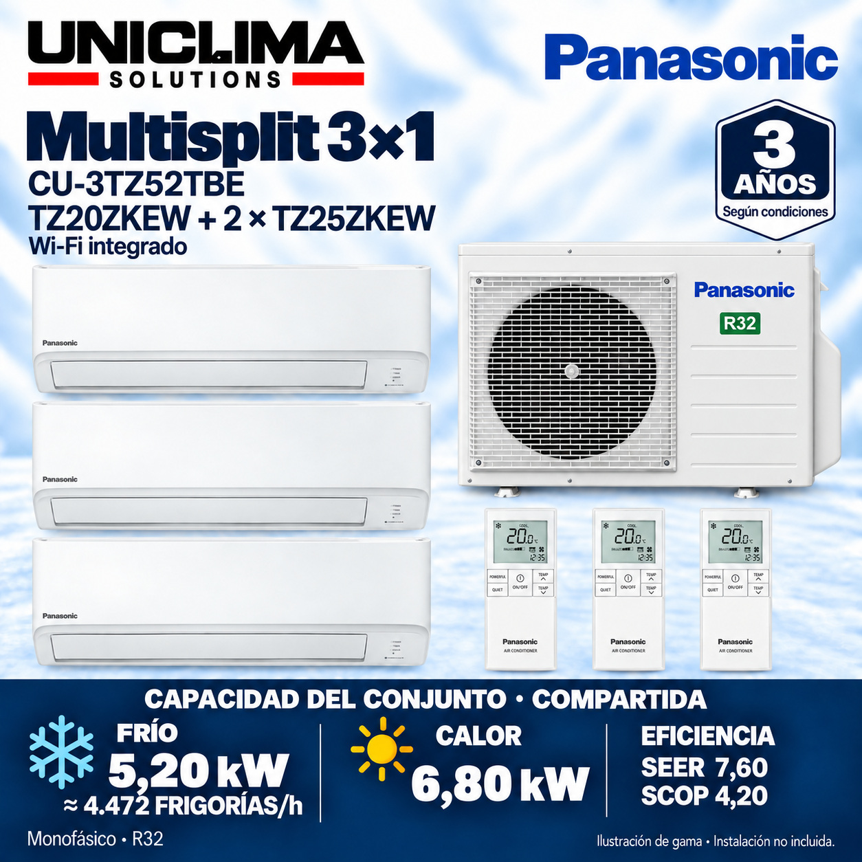 Ensemble Panasonic CU-3TZ52TBE + CS-TZ20ZKEW + 2 × CS-TZ25ZKEW, 4.472 FRIGORÍES/h — Uniclima