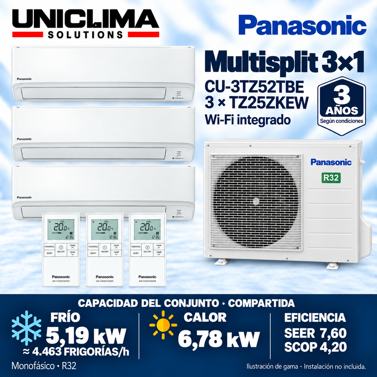 Panasonic CU-3TZ52TBE + 3 × CS-TZ25ZKEW set, 4,463 COOLING kcal/h — Uniclima