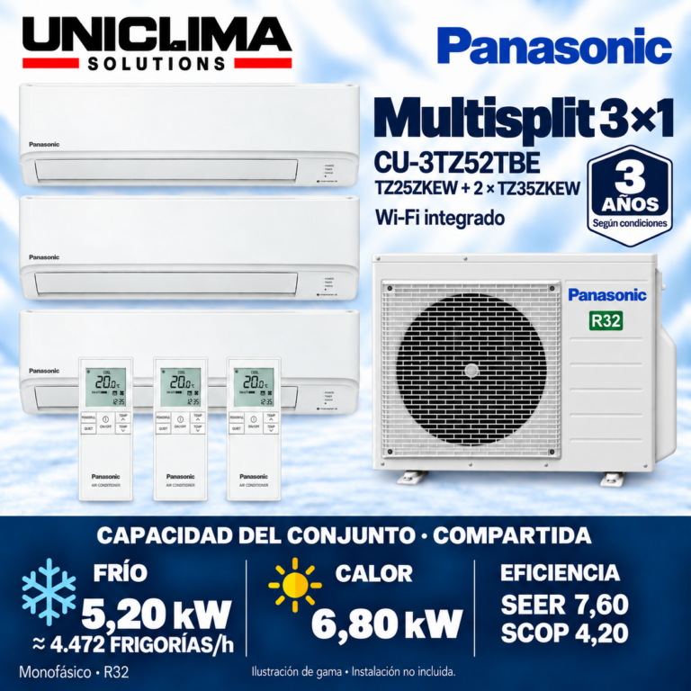 Aire acondicionado multisplit 3×1 Panasonic CU-3TZ52TBE + CS-TZ25ZKEW + 2 × CS-TZ35ZKEW