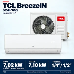 Aire acondicionado TCL BreezeIN S24P4S2 · 7,02 kW; conjunto e información técnica, ilustración de gama — Uniclima