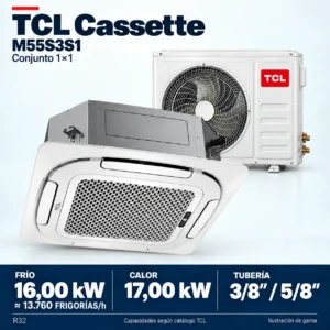Aire acondicionado TCL cassette M55S3S1 · 16,00 kW; conjunto e información técnica, ilustración de gama — Uniclima