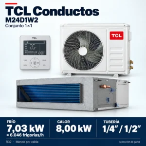 Conjunto TCL M24D1W2: portada de gama con potencia, frigorías y tubería. Ilustración; no fotografía de la revisión suministrada.