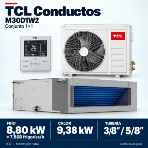TCL M30D1W2: illustrative Innen-, Außen- und Kabelsteuerungskomposition.