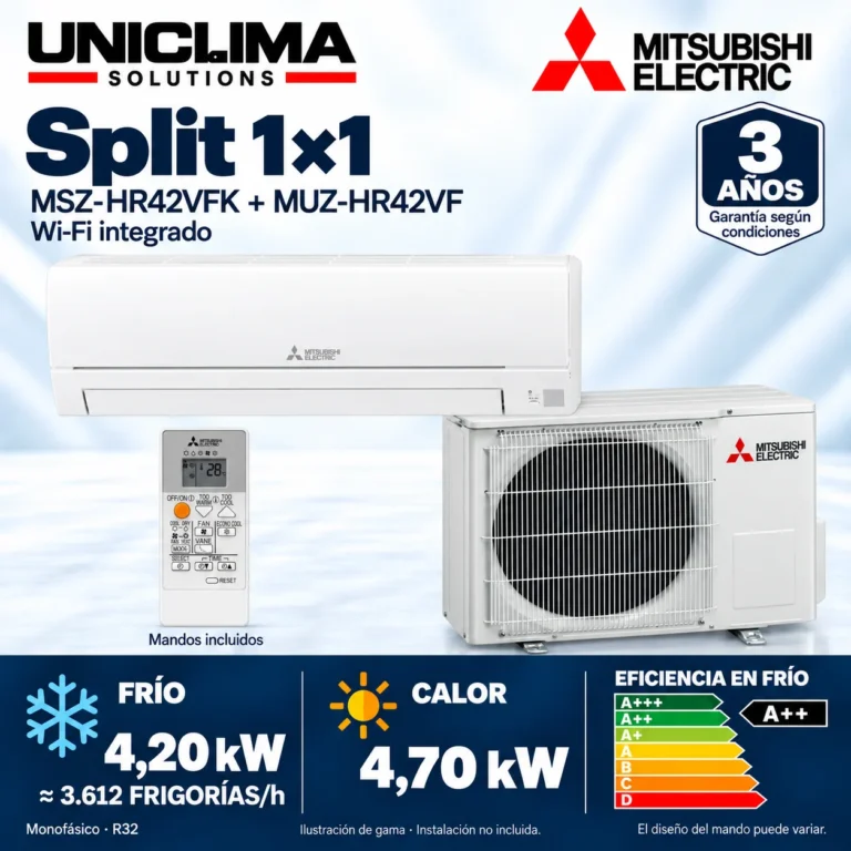 Aire acondicionado 1x1 Mitsubishi Electric MSZ-HR42VFK; conjunto e información técnica, ilustración de gama — Uniclima