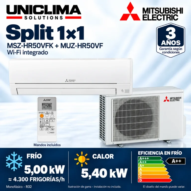 Split mural 1×1 Mitsubishi Electric MSZ-HR50VFK + MUZ-HR50VF; conjunto e información técnica, ilustración de gama — Uniclima