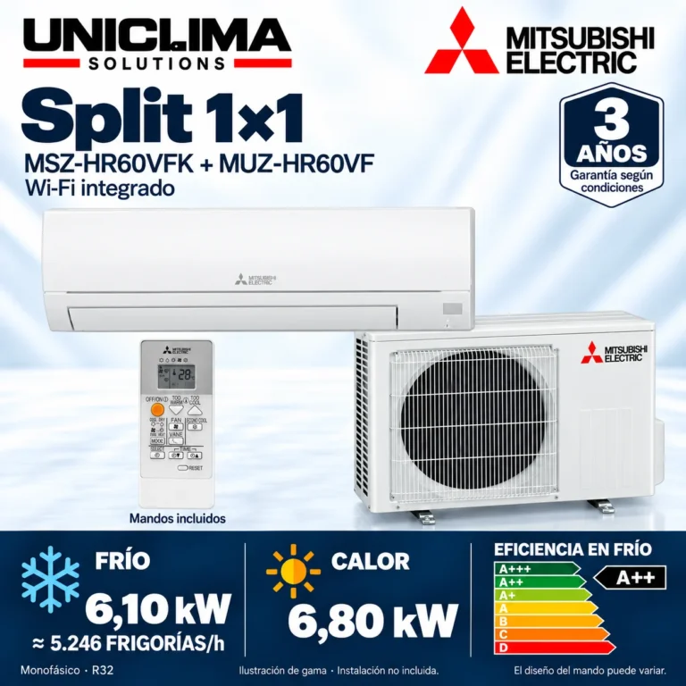 Split mural 1×1 Mitsubishi Electric MSZ-HR60VFK + MUZ-HR60VF; conjunto e información técnica, ilustración de gama — Uniclima