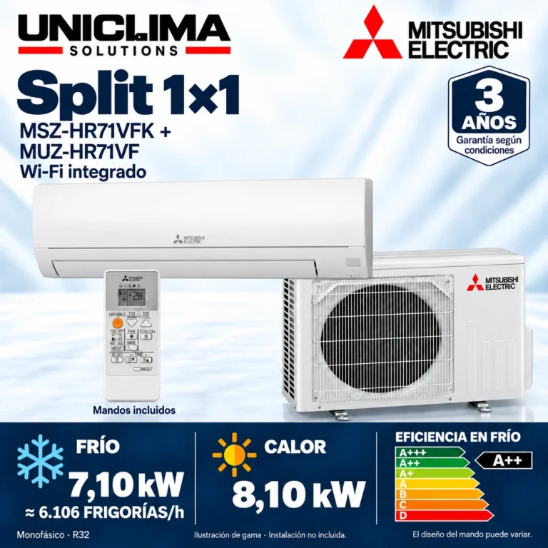 Split mural 1×1 Mitsubishi Electric MSZ-HR71VFK + MUZ-HR71VF; conjunto e información técnica, ilustración de gama — Uniclima