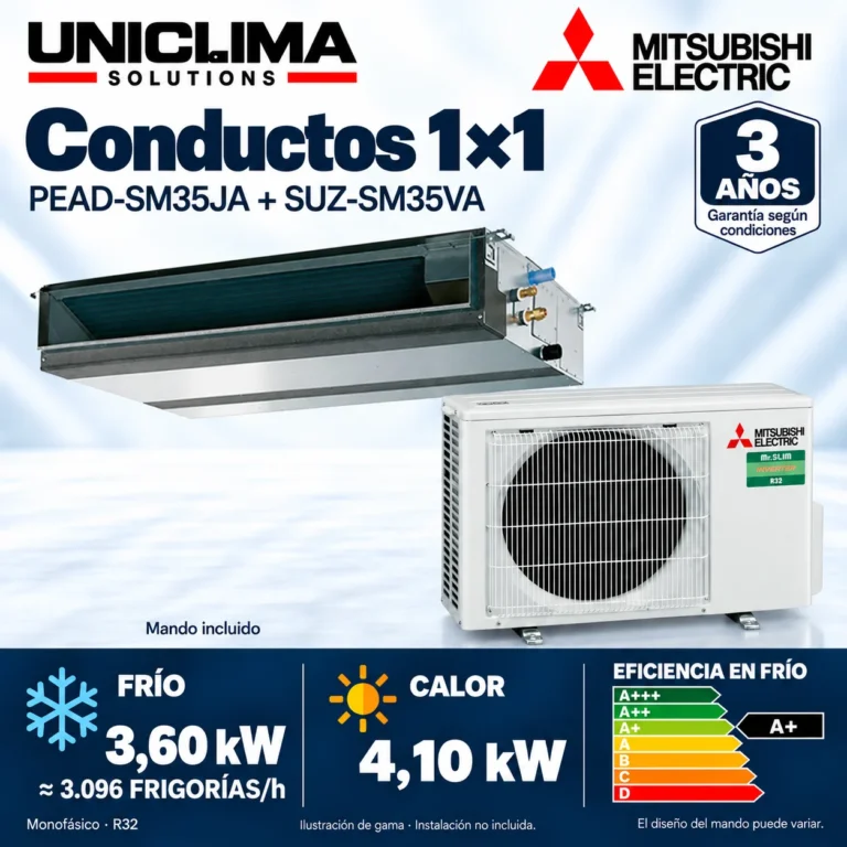Aire acondicionado por conductos Mitsubishi Electric PEAD-SM35JA + SUZ-SM35VA; conjunto e información técnica, ilustración de gama — Uniclima