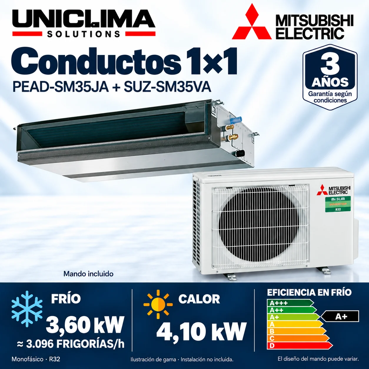 Mitsubishi Electric ducted air conditioning PEAD-SM35JA + SUZ-SM35VA; set and technical information, range illustration — Uniclima