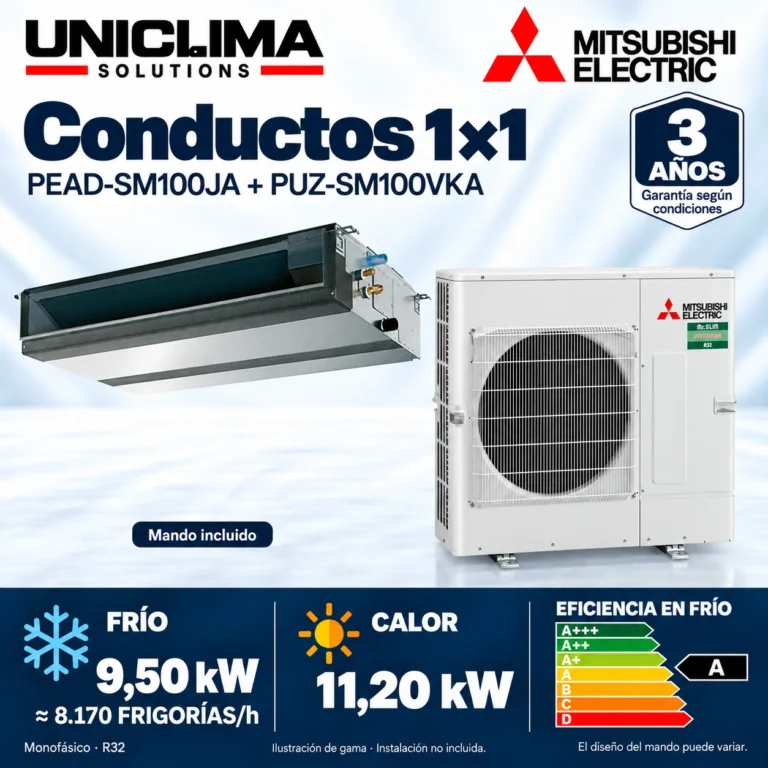 Aire acondicionado por conductos Mitsubishi Electric PEAD-SM100JA + PUZ-SM100VKA; conjunto e información técnica, ilustración de gama — Uniclima