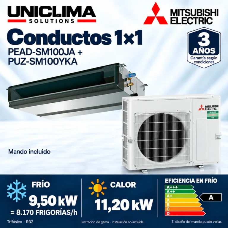 Aire acondicionado por conductos Mitsubishi Electric PEAD-SM100JA + PUZ-SM100YKA; conjunto e información técnica, ilustración de gama — Uniclima