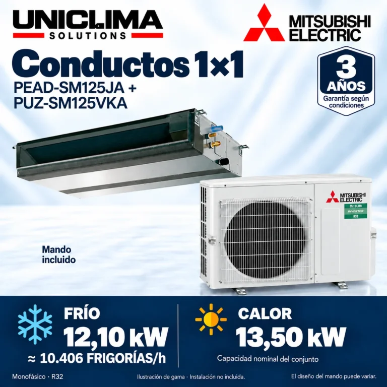 Aire acondicionado por conductos Mitsubishi Electric PEAD-SM125JA + PUZ-SM125VKA; conjunto e información técnica, ilustración de gama — Uniclima