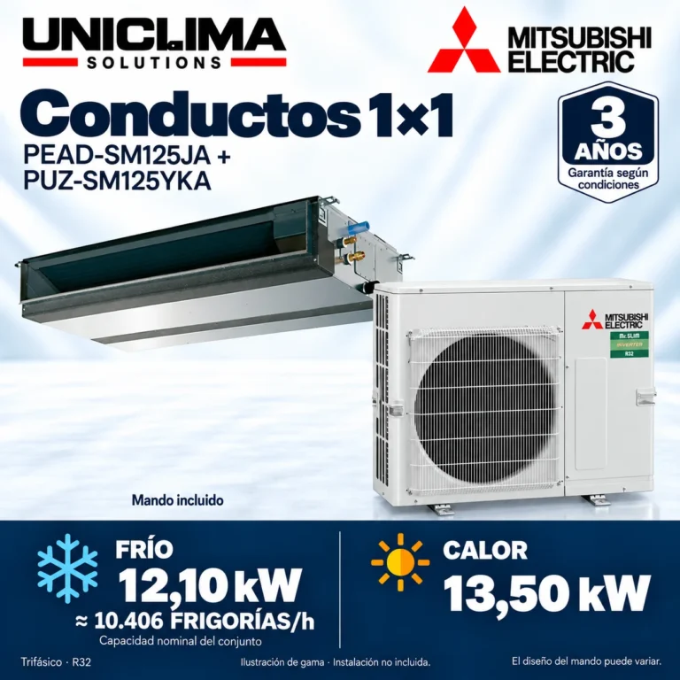 Aire acondicionado por conductos Mitsubishi Electric PEAD-SM125JA + PUZ-SM125YKA; conjunto e información técnica, ilustración de gama — Uniclima