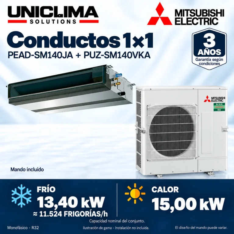 Aire acondicionado por conductos Mitsubishi Electric PEAD-SM140JA + PUZ-SM140VKA; conjunto e información técnica, ilustración de gama — Uniclima