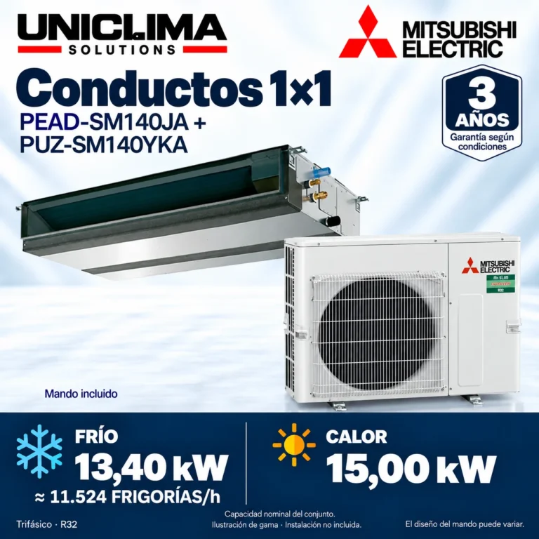 Aire acondicionado por conductos Mitsubishi Electric PEAD-SM140JA + PUZ-SM140YKA; conjunto e información técnica, ilustración de gama — Uniclima