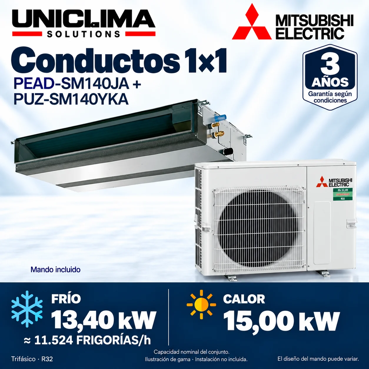 Mitsubishi Electric ducted air conditioning PEAD-SM140JA + PUZ-SM140YKA; set and technical information, range illustration — Uniclima