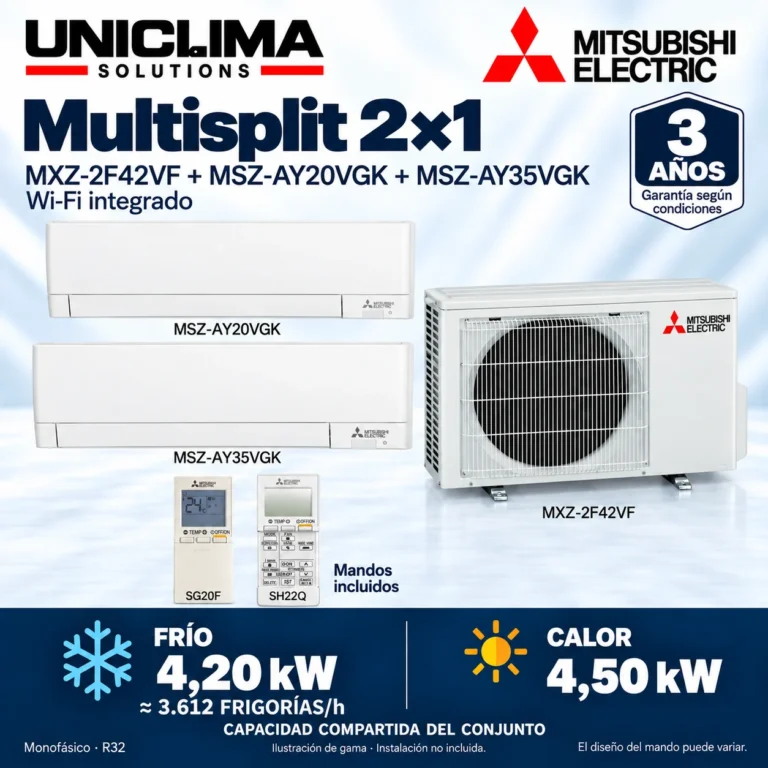 Multisplit 2×1 Mitsubishi Electric MXZ-2F42VF + MSZ-AY20VGK + MSZ-AY35VGK; conjunto e información técnica, ilustración de gama — Uniclima