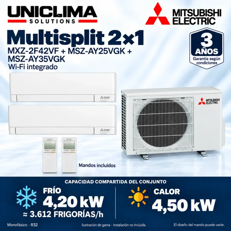 Multisplit 2×1 Mitsubishi Electric MXZ-2F42VF + MSZ-AY25VGK + MSZ-AY35VGK; conjunto e información técnica, ilustración de gama — Uniclima
