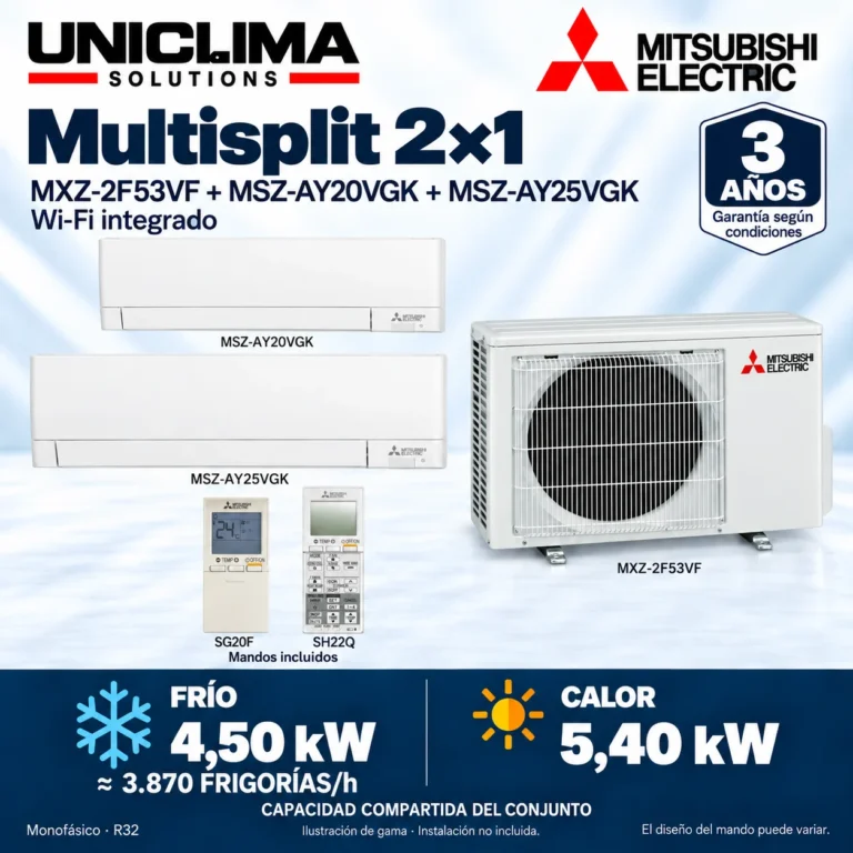 Multisplit 2×1 Mitsubishi Electric MXZ-2F53VF + MSZ-AY20VGK + MSZ-AY25VGK; conjunto e información técnica, ilustración de gama — Uniclima