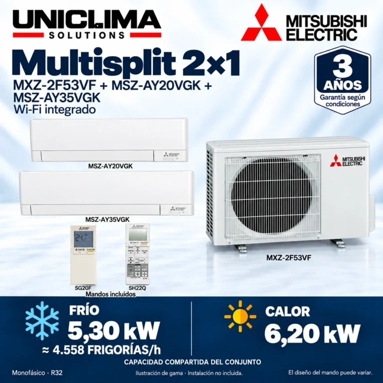 Multisplit 2×1 Mitsubishi Electric MXZ-2F53VF + MSZ-AY20VGK + MSZ-AY35VGK; conjunto e información técnica, ilustración de gama — Uniclima