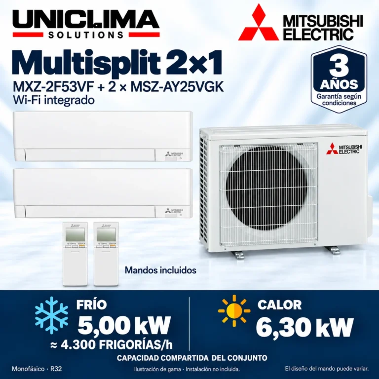 Multisplit 2×1 Mitsubishi Electric MXZ-2F53VF + 2 × MSZ-AY25VGK; conjunto e información técnica, ilustración de gama — Uniclima