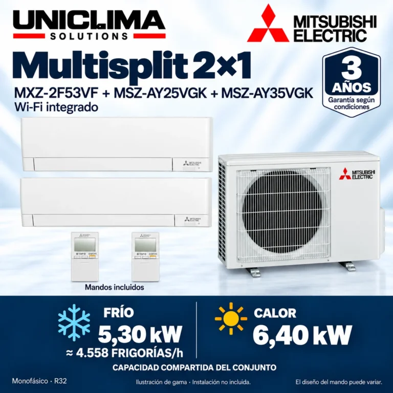Multisplit 2×1 Mitsubishi Electric MXZ-2F53VF + MSZ-AY25VGK + MSZ-AY35VGK; conjunto e información técnica, ilustración de gama — Uniclima