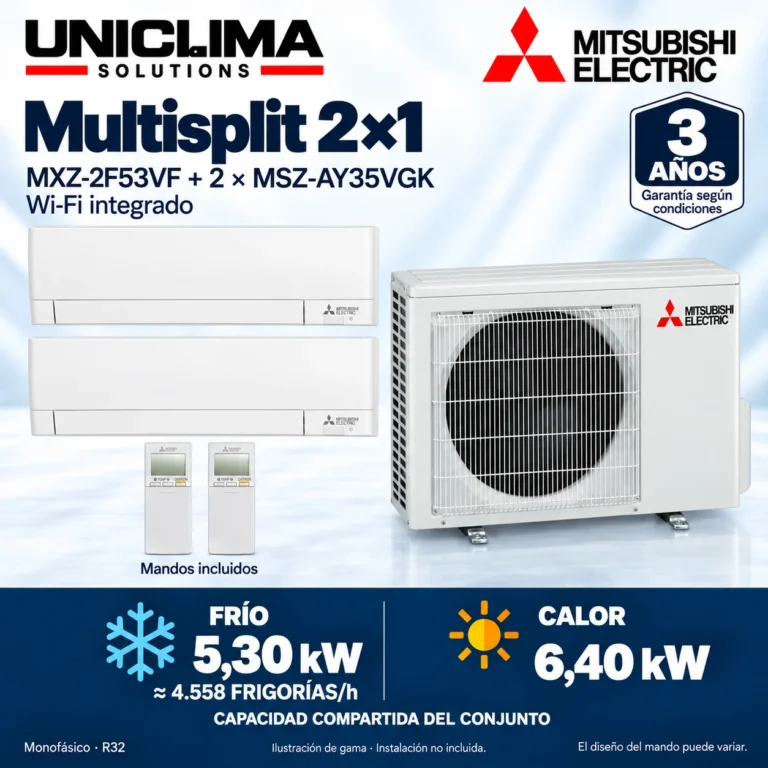 Multisplit 2×1 Mitsubishi Electric MXZ-2F53VF + 2 × MSZ-AY35VGK; conjunto e información técnica, ilustración de gama — Uniclima