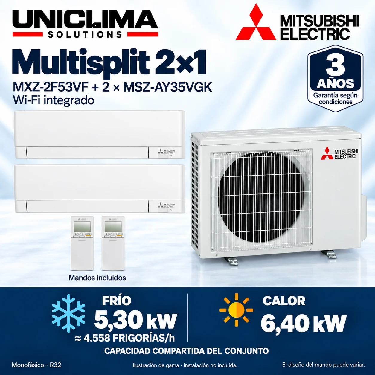 Multisplit 2×1 Mitsubishi Electric MXZ-2F53VF + 2 × MSZ-AY35VGK; set and technical information, range illustration — Uniclima