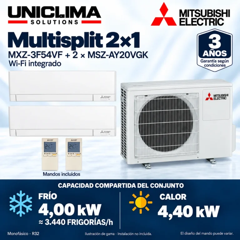 Multisplit 2×1 Mitsubishi Electric MXZ-3F54VF + 2 × MSZ-AY20VGK; conjunto e información técnica, ilustración de gama — Uniclima