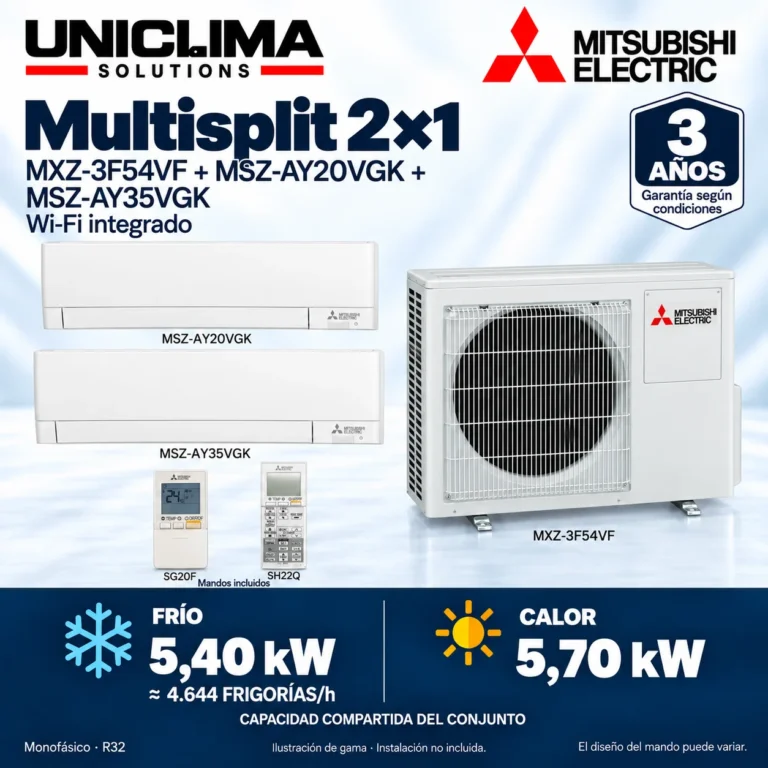 Multisplit 2×1 Mitsubishi Electric MXZ-3F54VF + MSZ-AY20VGK + MSZ-AY35VGK; conjunto e información técnica, ilustración de gama — Uniclima