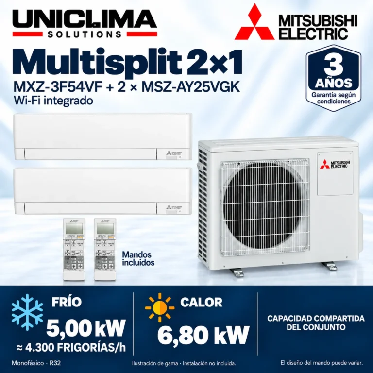Multisplit 2×1 Mitsubishi Electric MXZ-3F54VF + 2 × MSZ-AY25VGK; conjunto e información técnica, ilustración de gama — Uniclima