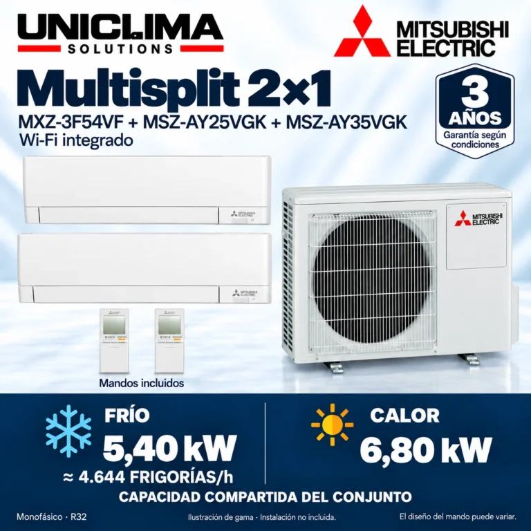Multisplit 2×1 Mitsubishi Electric MXZ-3F54VF + MSZ-AY25VGK + MSZ-AY35VGK; conjunto e información técnica, ilustración de gama — Uniclima