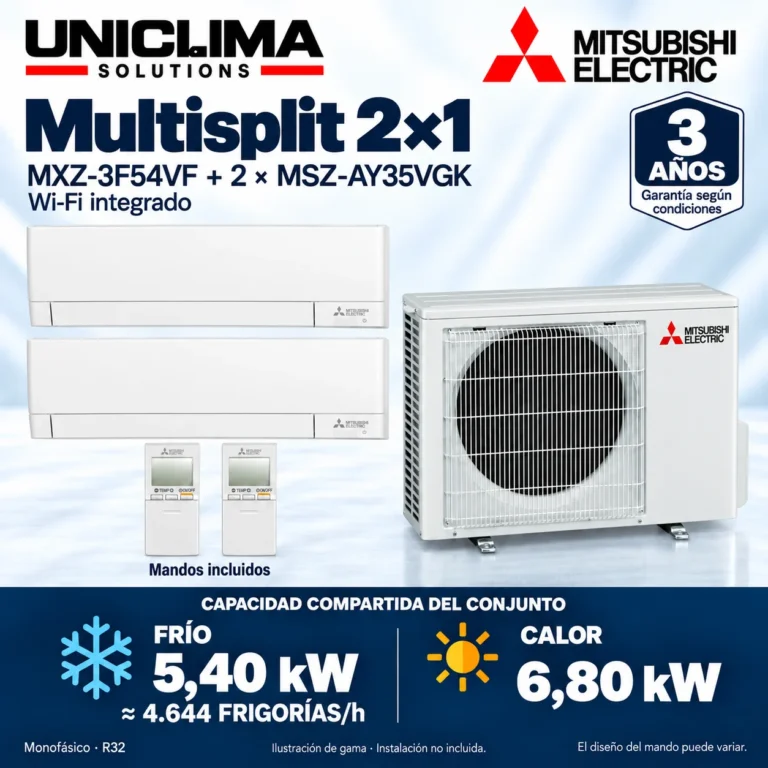Multisplit 2×1 Mitsubishi Electric MXZ-3F54VF + 2 × MSZ-AY35VGK; conjunto e información técnica, ilustración de gama — Uniclima