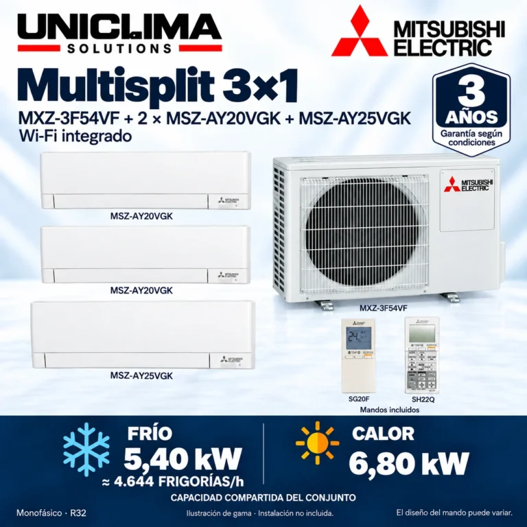 Multisplit 3×1 Mitsubishi Electric MXZ-3F54VF + 2 × MSZ-AY20VGK + MSZ-AY25VGK; conjunto e información técnica, ilustración de gama — Uniclima