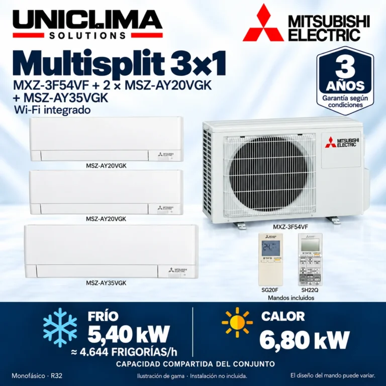 Multisplit 3×1 Mitsubishi Electric MXZ-3F54VF + 2 × MSZ-AY20VGK + MSZ-AY35VGK; conjunto e información técnica, ilustración de gama — Uniclima