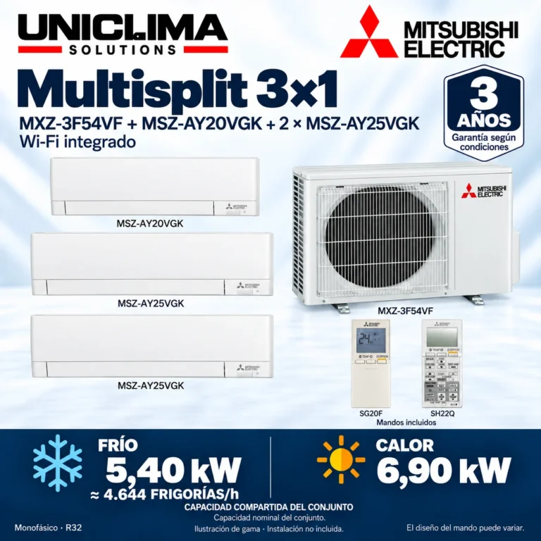 Multisplit 3×1 Mitsubishi Electric MXZ-3F54VF + MSZ-AY20VGK + 2 × MSZ-AY25VGK; conjunto e información técnica, ilustración de gama — Uniclima