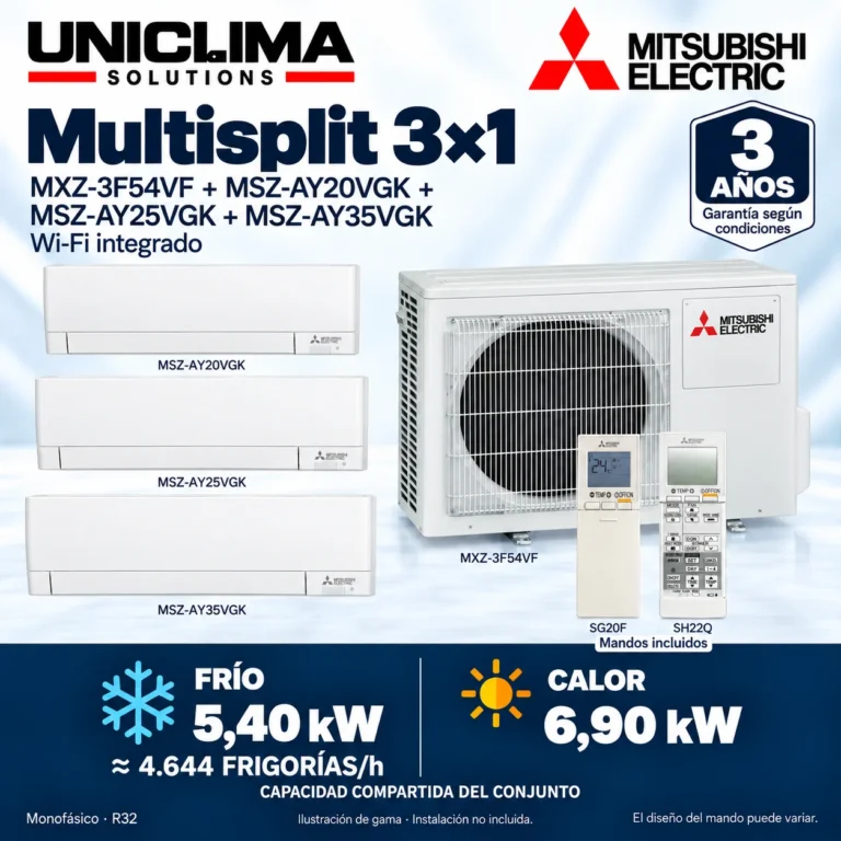 Multisplit 3×1 Mitsubishi Electric MXZ-3F54VF + MSZ-AY20VGK + MSZ-AY25VGK + MSZ-AY35VGK; conjunto e información técnica, ilustración de gama — Uniclima
