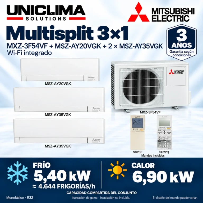 Multisplit 3×1 Mitsubishi Electric MXZ-3F54VF + MSZ-AY20VGK + 2 × MSZ-AY35VGK; conjunto e información técnica, ilustración de gama — Uniclima