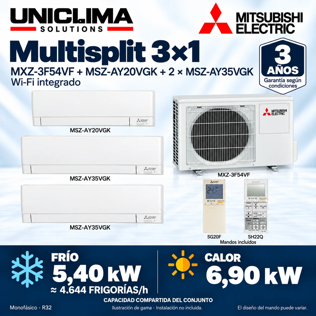 Multisplit 3×1 Mitsubishi Electric MXZ-3F54VF + MSZ-AY20VGK + 2 × MSZ-AY35VGK; set and technical information, range illustration — Uniclima