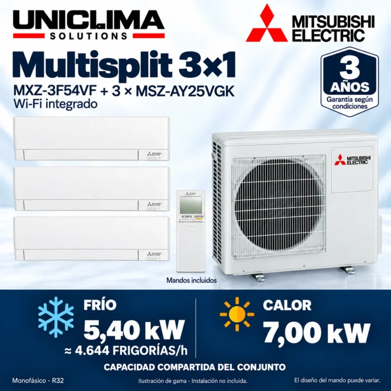 Multisplit 3×1 Mitsubishi Electric MXZ-3F54VF + 3 × MSZ-AY25VGK; conjunto e información técnica, ilustración de gama — Uniclima
