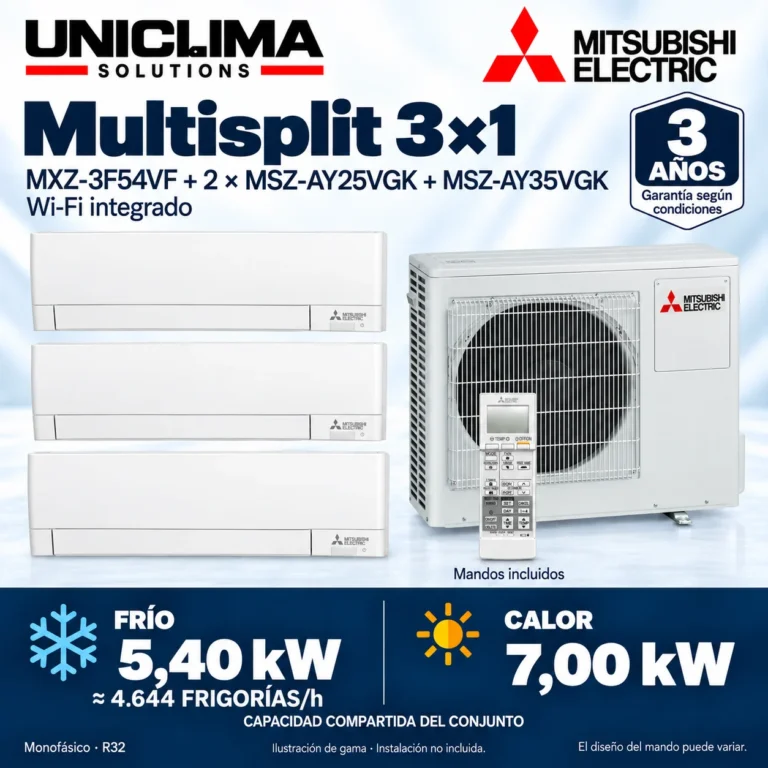 Multisplit 3×1 Mitsubishi Electric MXZ-3F54VF + 2 × MSZ-AY25VGK + MSZ-AY35VGK; conjunto e información técnica, ilustración de gama — Uniclima