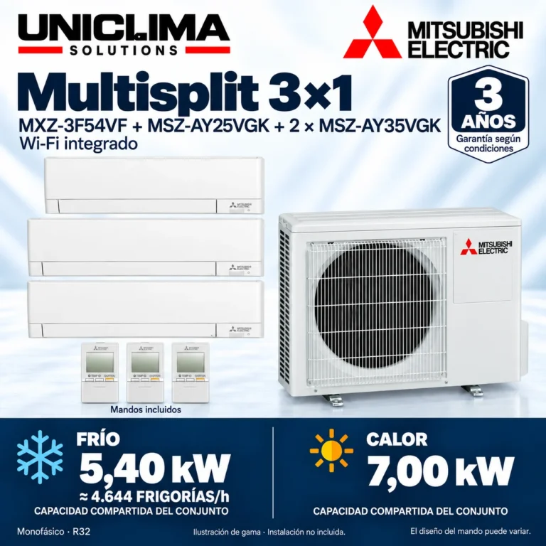 Multisplit 3×1 Mitsubishi Electric MXZ-3F54VF + MSZ-AY25VGK + 2 × MSZ-AY35VGK; conjunto e información técnica, ilustración de gama — Uniclima