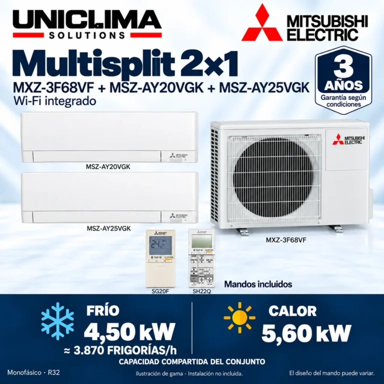 Multisplit 2×1 Mitsubishi Electric MXZ-3F68VF + MSZ-AY20VGK + MSZ-AY25VGK; conjunto e información técnica, ilustración de gama — Uniclima