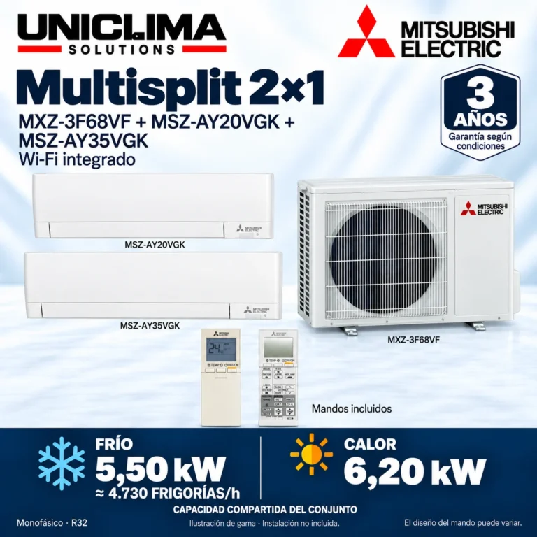 Multisplit 2×1 Mitsubishi Electric MXZ-3F68VF + MSZ-AY20VGK + MSZ-AY35VGK; conjunto e información técnica, ilustración de gama — Uniclima