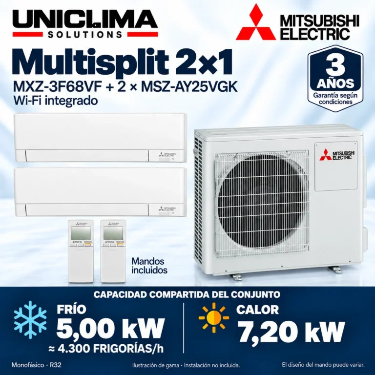 Multisplit 2×1 Mitsubishi Electric MXZ-3F68VF + 2 × MSZ-AY25VGK; conjunto e información técnica, ilustración de gama — Uniclima